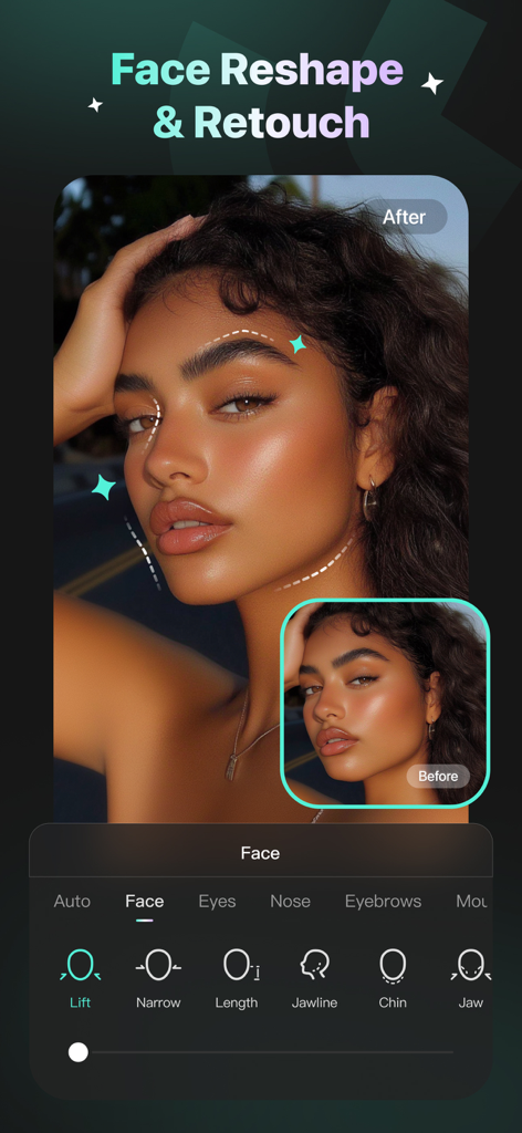 Winkit - AI Video Enhancer - Interface of the Winkit app showing AI face reshape and retouch tools on a portrait.