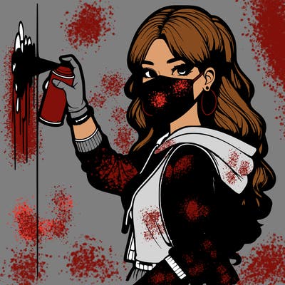 realistic girl with mask spray painting a wall