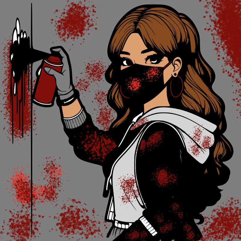 realistic girl with mask spray painting a wall