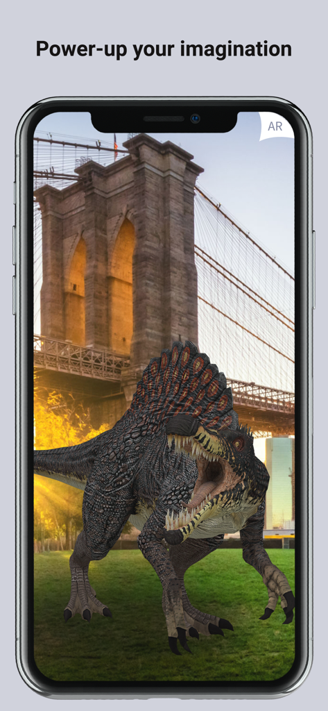 ARLOOPA app showing a 3D Spinosaurus dinosaur in front of the Brooklyn Bridge