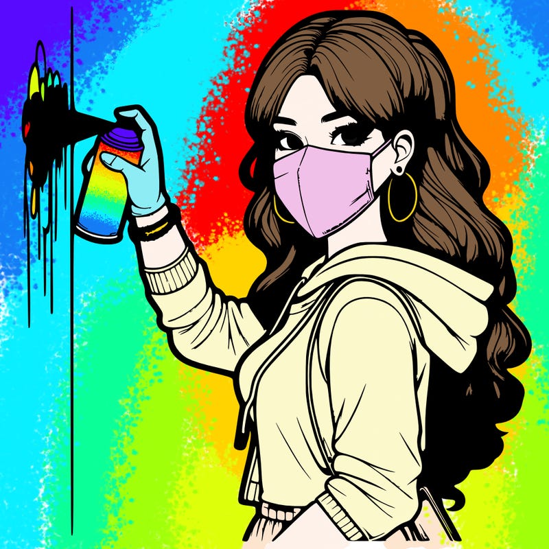 realistic girl with mask spray painting a wall