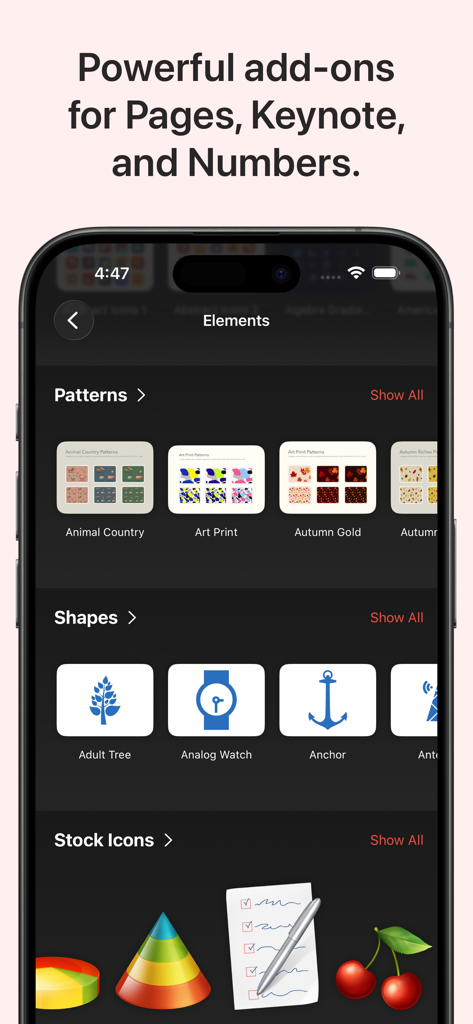 Pantalla de aplicación móvil que muestra varios elementos de diseño como patrones y formas para Pages, Keynote y Numbers.