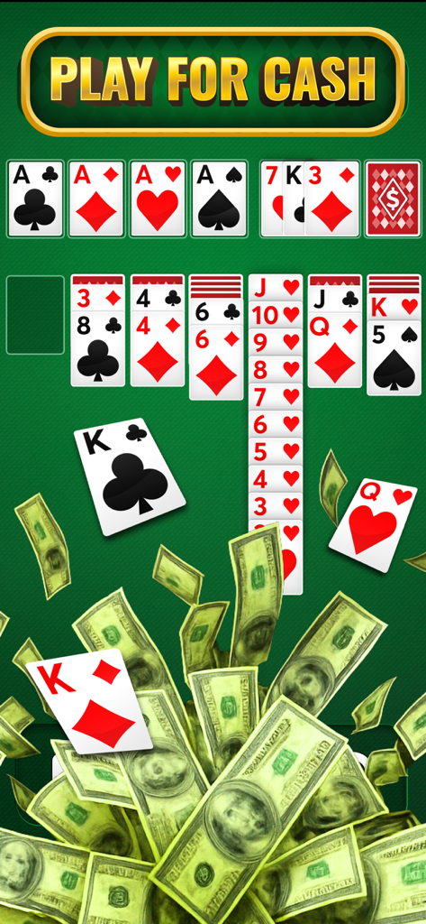 Cashout Solitaire - Win Money - Solitaire card game interface with a Play for Cash banner and a pile of dollar bills.