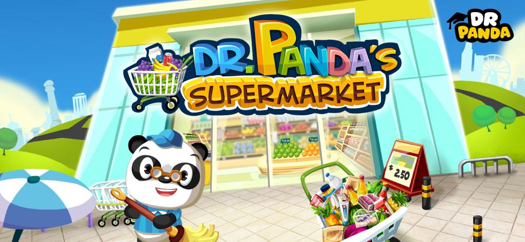Dr. Panda Supermarket - Personaggio Dr. Panda davanti a un colorato supermercato con un carrello pieno