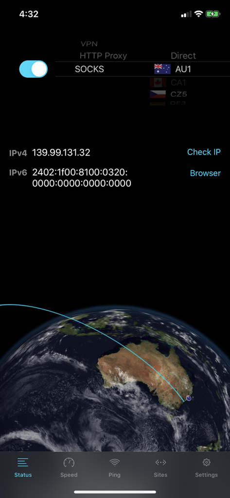 NetShade - NetShade app interface showing a SOCKS proxy connection to an Australian server with IP address details and a globe visualization