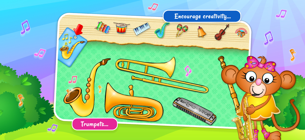 123 Fun MUSIC Games - Une interface colorée d'un jeu de musique pour enfants présentant des cuivres et un singe de dessin animé jouant du saxophone