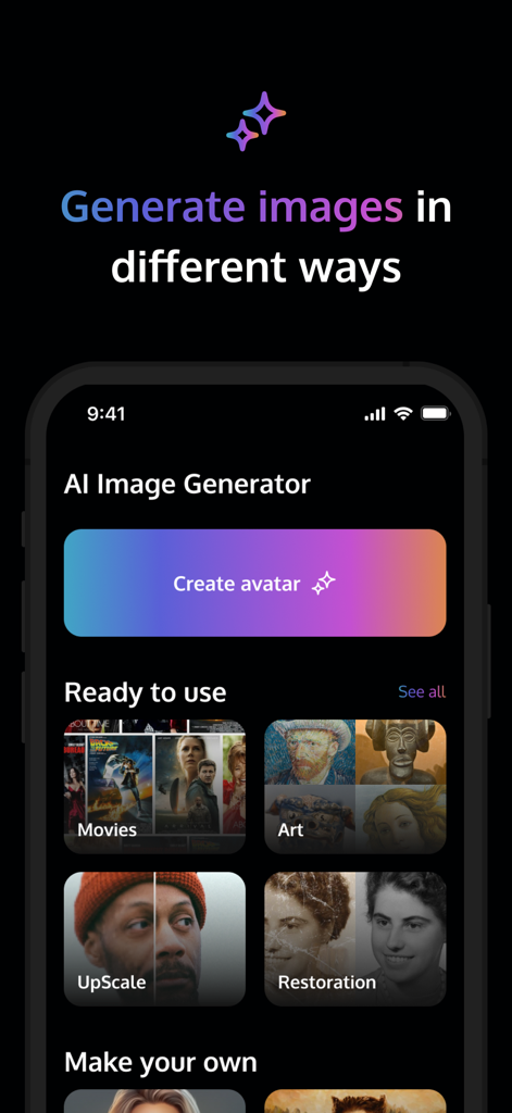 Captura de tela do aplicativo móvel AiShots mostrando o menu principal para criar avatares de IA e aprimorar fotos.