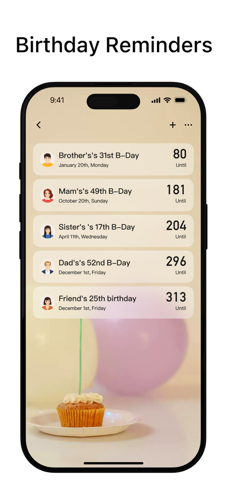 A list of upcoming birthday countdowns for family and friends on an iPhone screen.