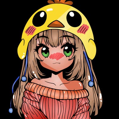 anime girl with chick shaped hat with sweater with bare shoulders with bangs covering them one eye with low tail