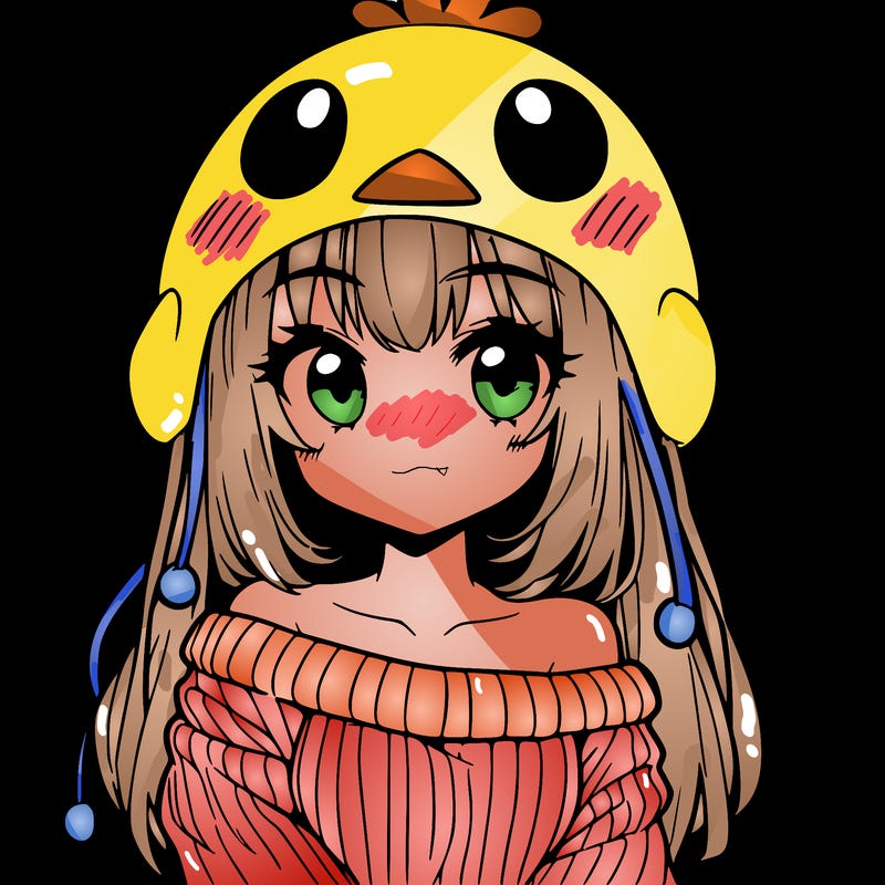 anime girl with chick shaped hat with sweater with bare shoulders with bangs covering them one eye with low tail