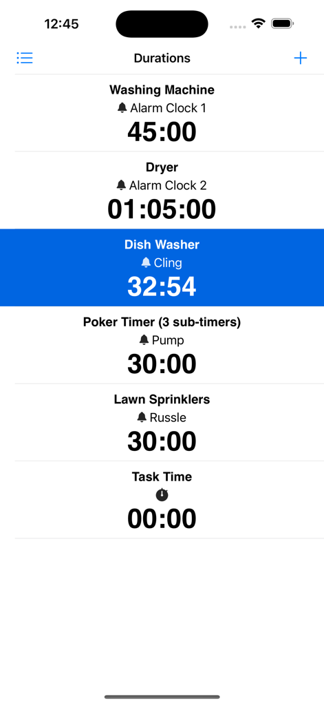 가사 및 작업에 대한 여러 사용자 지정 타이머 목록을 보여주는 Durations 앱의 스크린샷