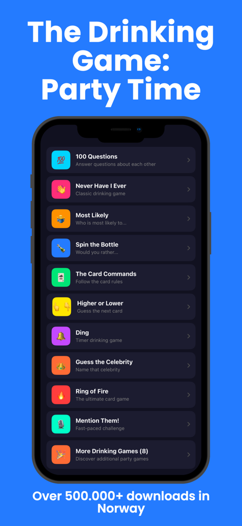 The Drinking Game: Party Time! - Screenshot of the main menu for The Drinking Game Party Time app displaying game options like Never Have I Ever and Most Likely.