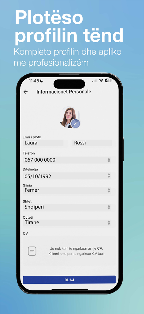 Pantalla de configuración de información personal y perfil de la aplicación Staff.al.