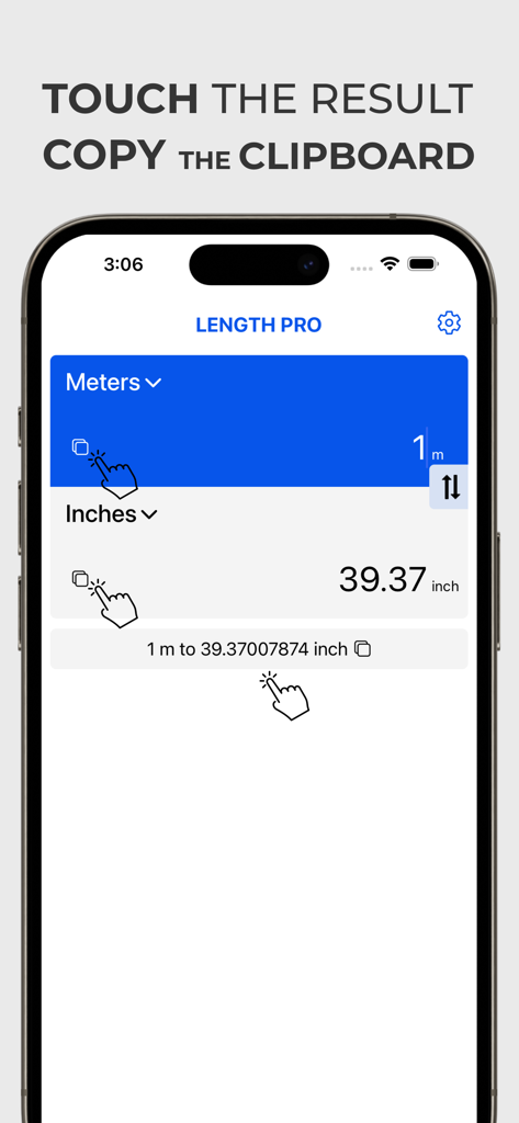 長さ換算アプリのインターフェース。メートルからインチへの換算が表示され、結果をクリップボードにコピーするアイコンが付いている。