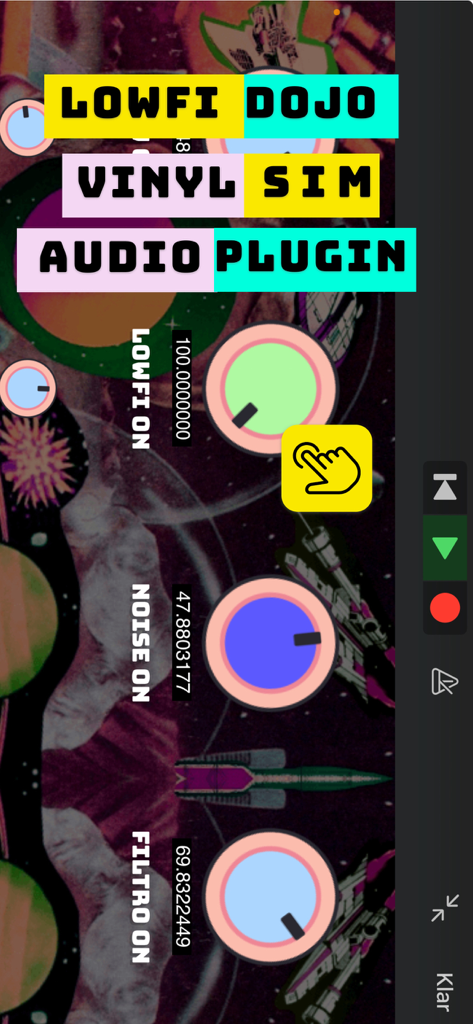 LowfiDojoVinylSimulator - Interface of the Lowfi Dojo Vinyl Sim AUv3 audio plugin featuring control knobs for noise and filtering effects