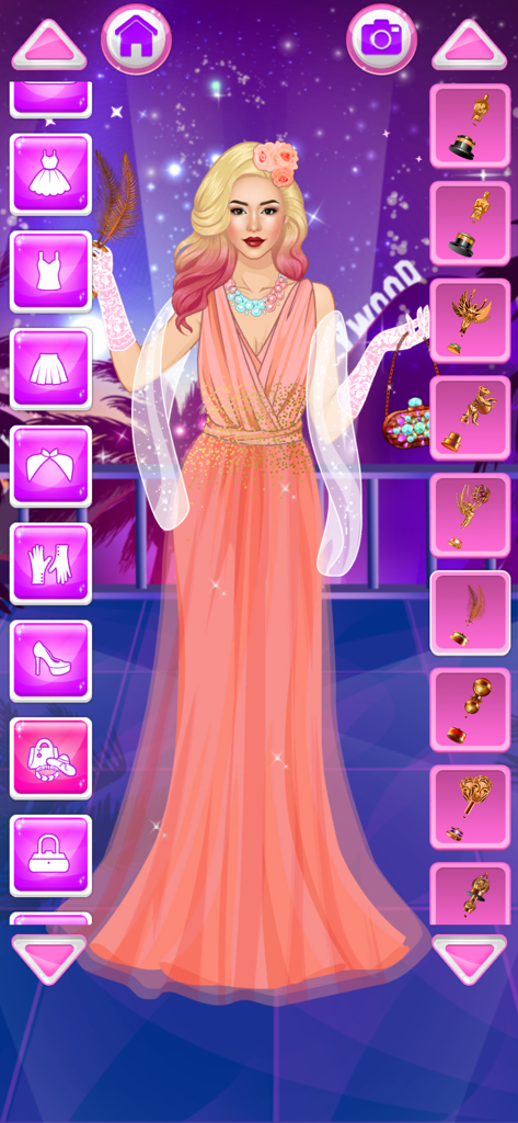 Dress Up for Girls: Star Doll - A blonde doll character wearing a peach gown and white gloves on a Hollywood red carpet in a dress up game interface