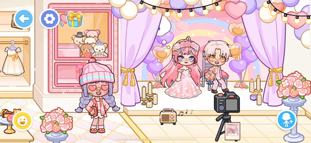 Candyville:Avatar City - Two characters roleplaying a wedding in a pink decorated room within Candyville Avatar City