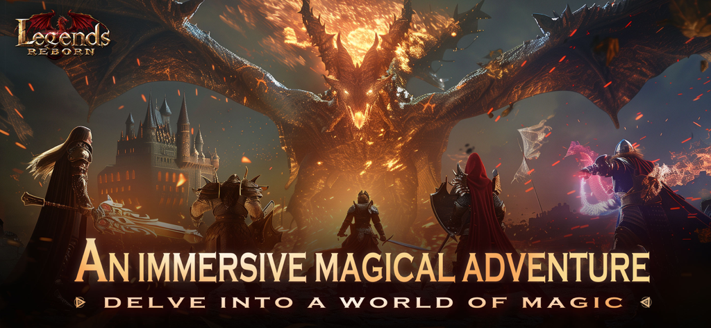 Legends Reborn: Last Battle - Grupo de héroes de fantasía enfrentando a un colosal dragón de fuego en un mundo mágico