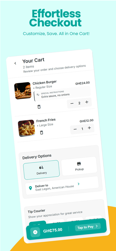Madingo: Food Delivery & More - Pantalla de pago de la aplicación Madingo que muestra un pedido de comida con artículos en el carrito y opciones de entrega.