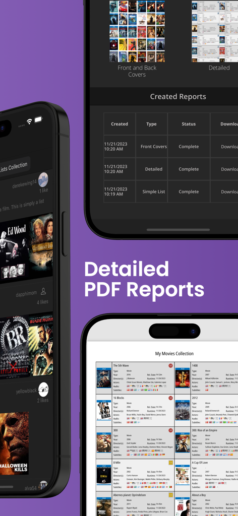 Interfaz de la aplicación My Movies 6 que muestra una lista de informes creados y una exportación detallada en PDF para una colección de películas.