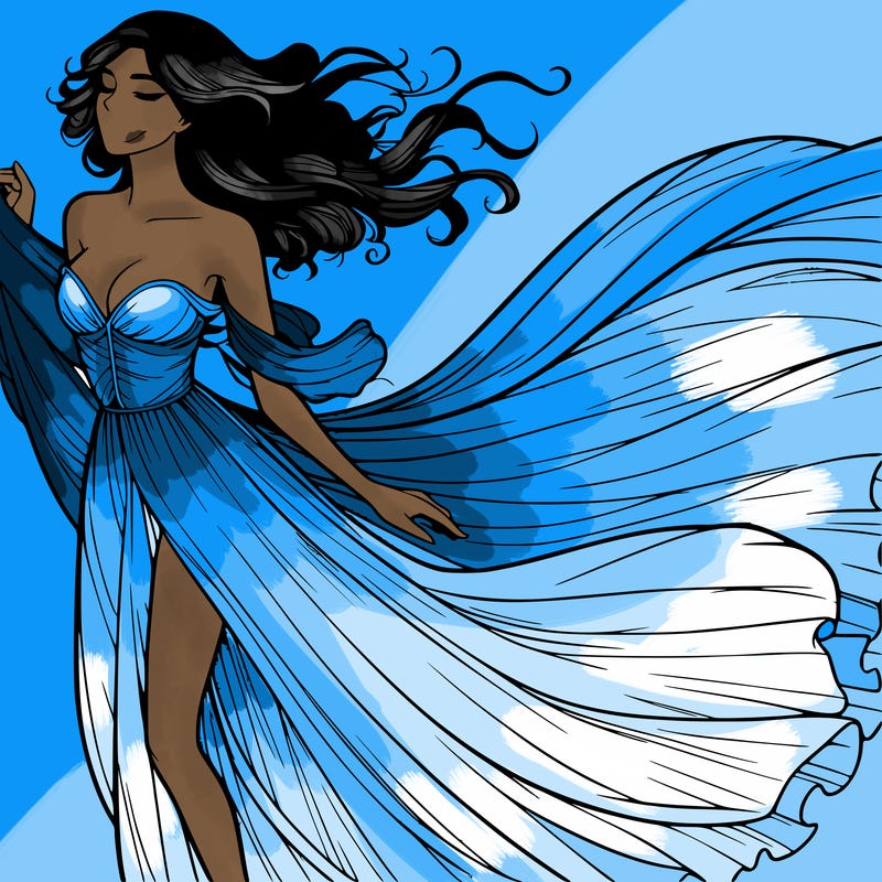 realistic woman in dress flowing the the wind