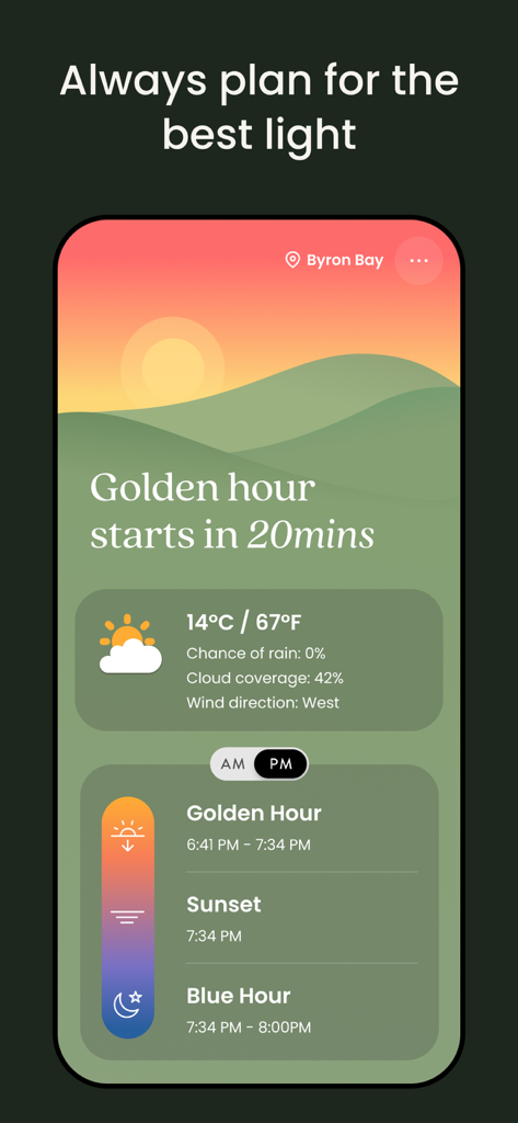 Interface of the Unscripted app showing sun tracker with golden hour and sunset timings for photographers