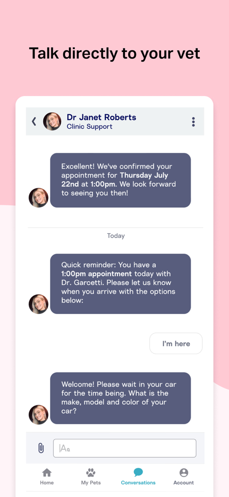 Chat interface in the Otto app showing a direct conversation with a veterinary clinic professional for appointment confirmation and check-in.
