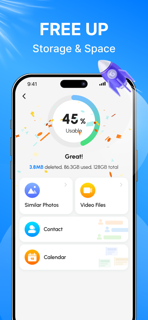 Smart Scan for Photos & Videos - Interfaz de la aplicación Smart Scan que muestra el uso del almacenamiento y las opciones de limpieza para fotos, vídeos y contactos