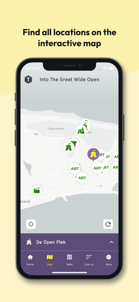 Interfaz de la aplicación TMSQR que muestra un mapa interactivo del festival con marcadores para escenarios e instalaciones de arte