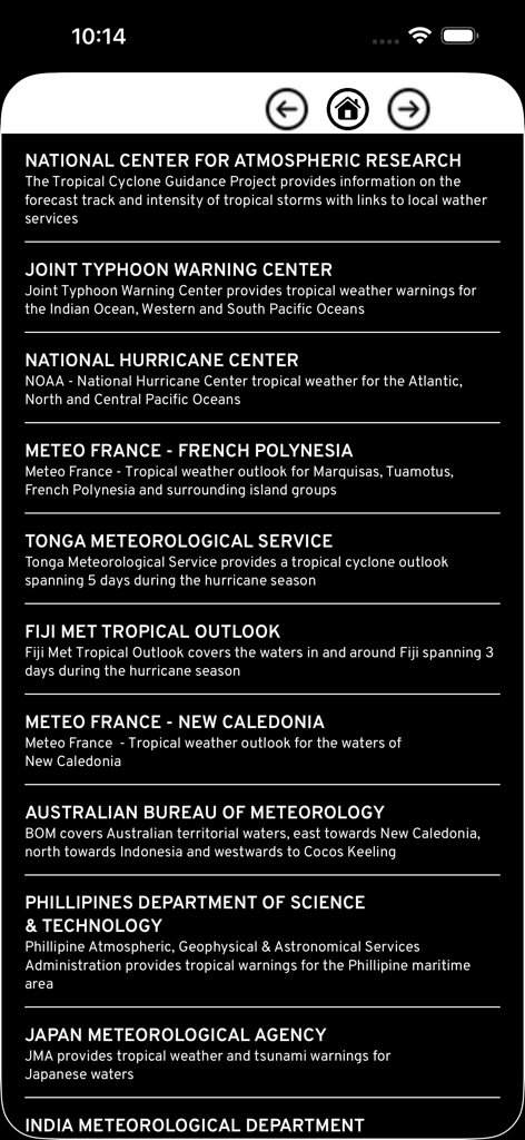 A list of global meteorological agencies providing tropical weather and storm forecasts in the Anchor Plus app.