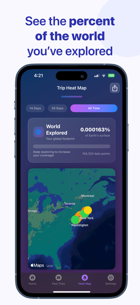 DriveMind: Dash Cam & Mileage - DriveMind app Trip Heat Map displaying a world explored percentage and driving data points on a map of the United States