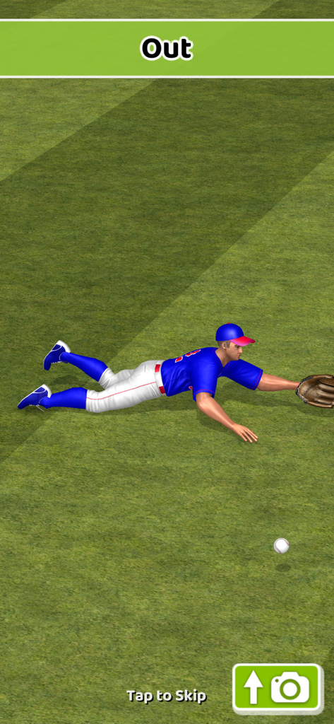Baseball Game On: offline fun - Un fildeador de béisbol 3D con uniforme azul se lanza sobre el césped para hacer un out