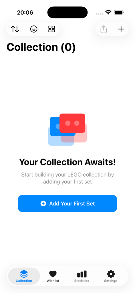 BrickLog - Pantalla de colección vacía de LEGO® en la aplicación BrickLog con un botón para agregar el primer set.