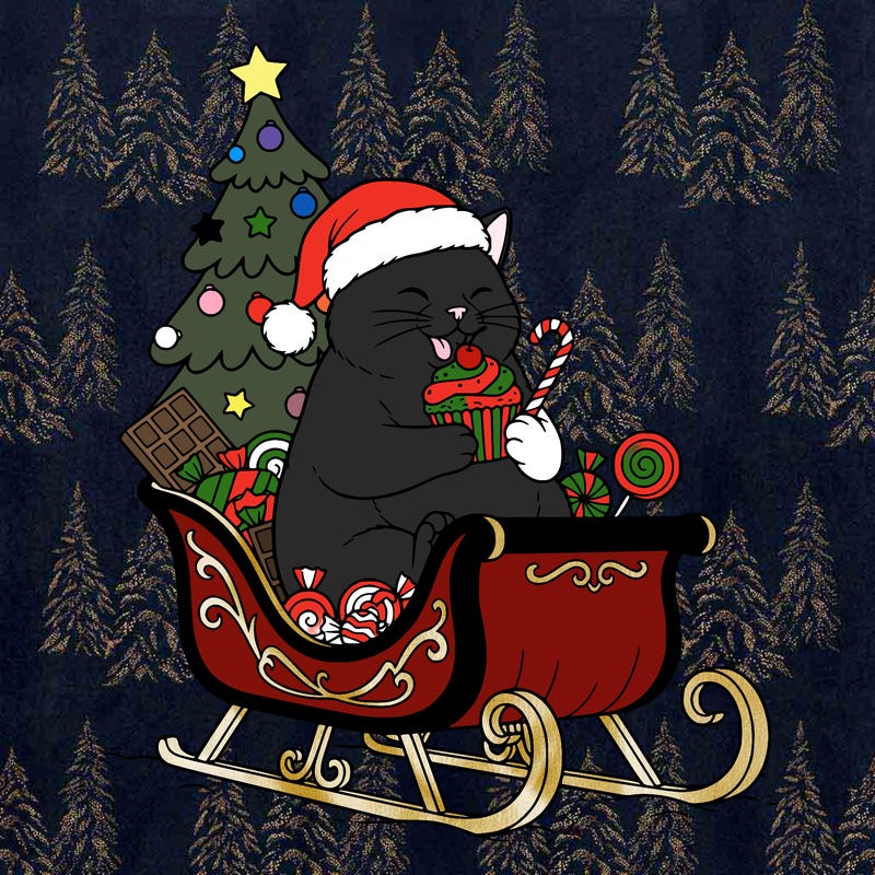a cat eating sweets with a santa hat in a sleigh with a christmas tree in the back of the sleigh