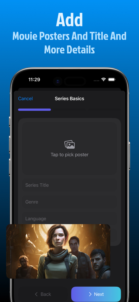Mobile interface for adding new series details including poster and title in the StarTV app