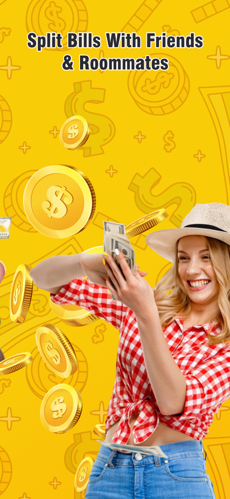 Money Control Budget - A woman holding cash with a text overlay saying Split Bills With Friends and Roommates on a yellow background with gold coins
