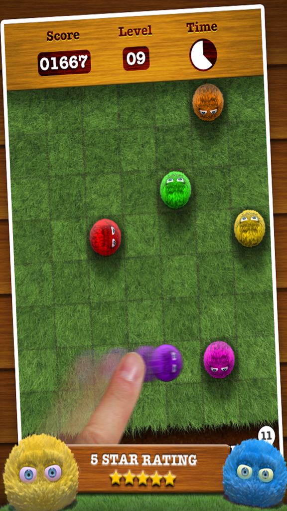 Fling! - Um dedo arremessando um personagem de bolinha de pelo roxa através de uma grade de grama no jogo de puzzle Fling.