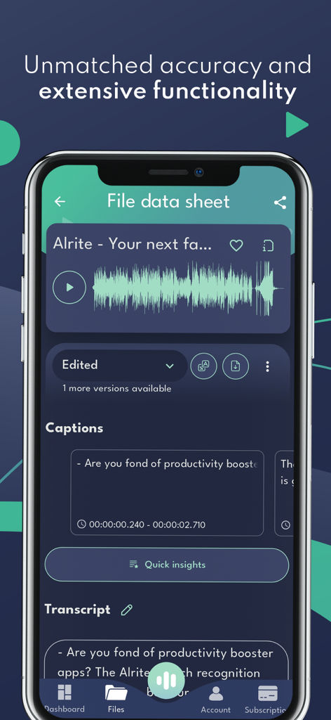 Alrite - Alrite app interface showing an audio waveform with automated captions and transcript