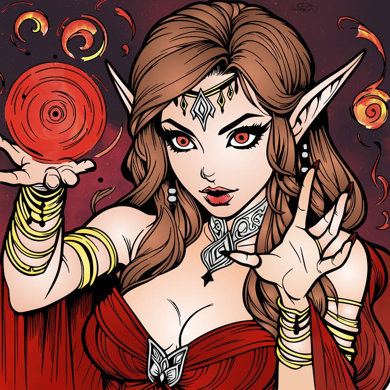 realistic scary beautiful elf sorceress casting spell