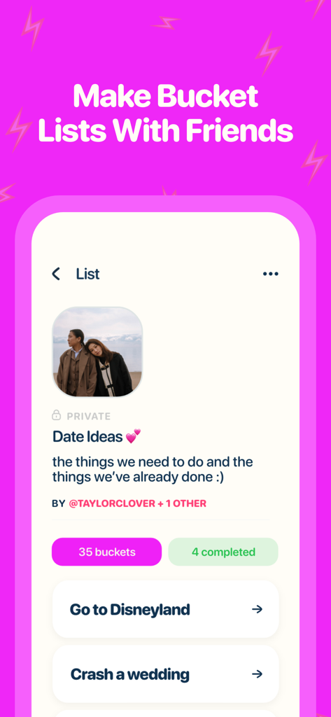 Bucket List - The Bucket App - Screenshot of the Bucket List app showing a shared list titled Date Ideas with friends including goals like going to Disneyland.
