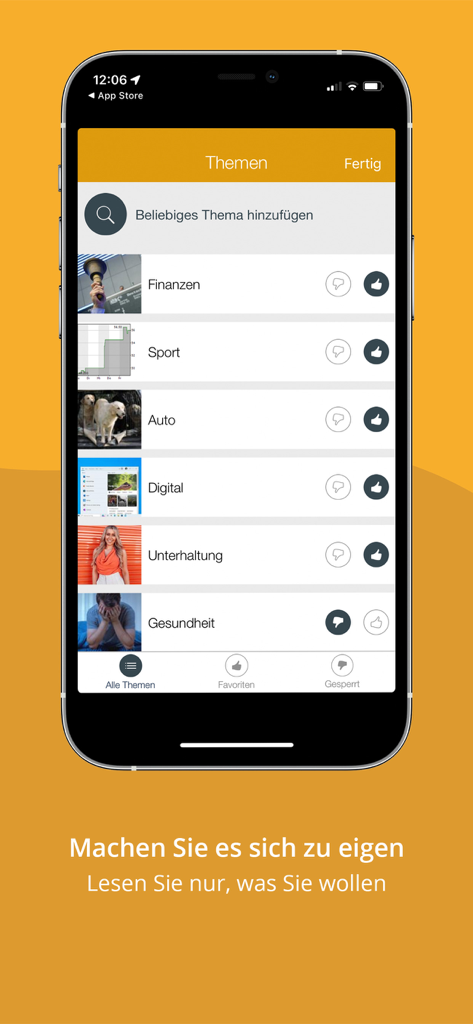 Sportnachrichten & Ergebnisse - Smartphone display showing the topic selection menu for personalizing the news feed in the sports news app