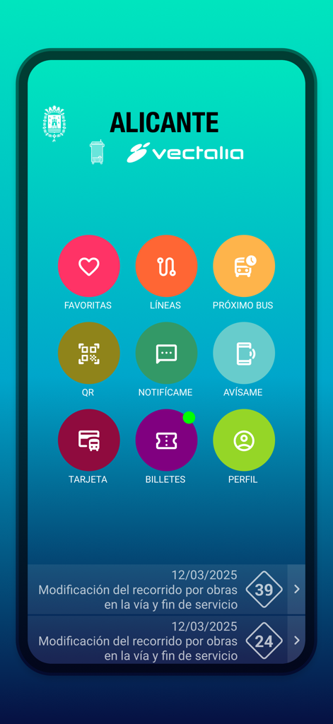 Alicante Bus - Main menu of the Alicante Bus mobile app showing icons for transit lines next bus arrivals and ticket management