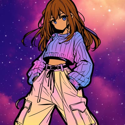 anime teen girl with baggy pants and crop top with sweater