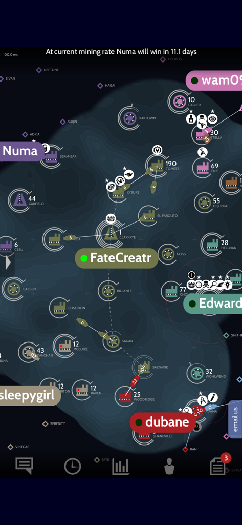 Real-time tactical map in Subterfuge showing player outposts and submarine movement