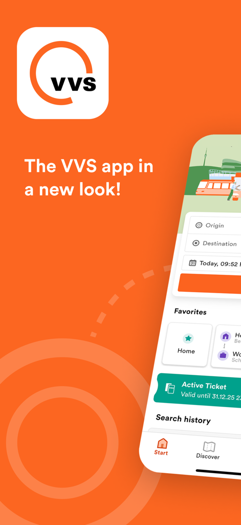 VVS Mobil Fahrplanauskunft App Startbildschirm mit Suchoberfläche und aktiven Ticketfunktionen