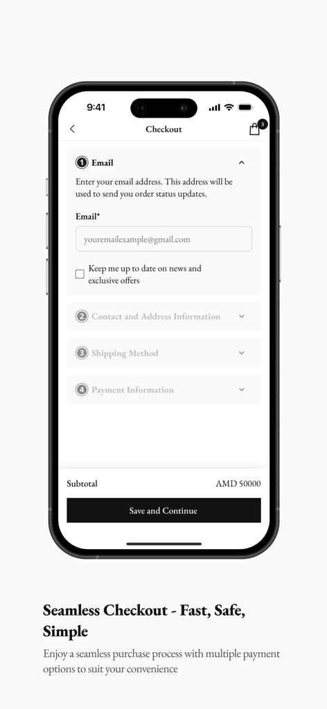 Sir Qochar - Checkout screen of the Sir Qochar mobile app showing the email entry step in a clean minimalist interface.