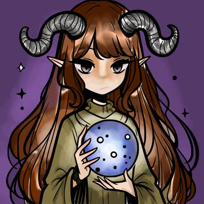 long haired girl with horns and magic orb in her hand