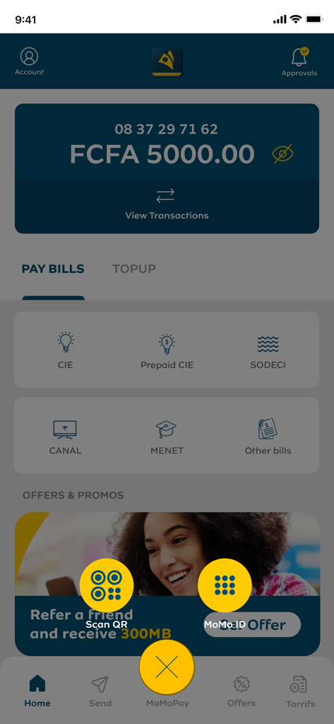 MTN MoMo - Tableau de bord de l'application mobile MTN MoMo montrant le solde du compte en FCFA et les options pour payer les factures de services publics