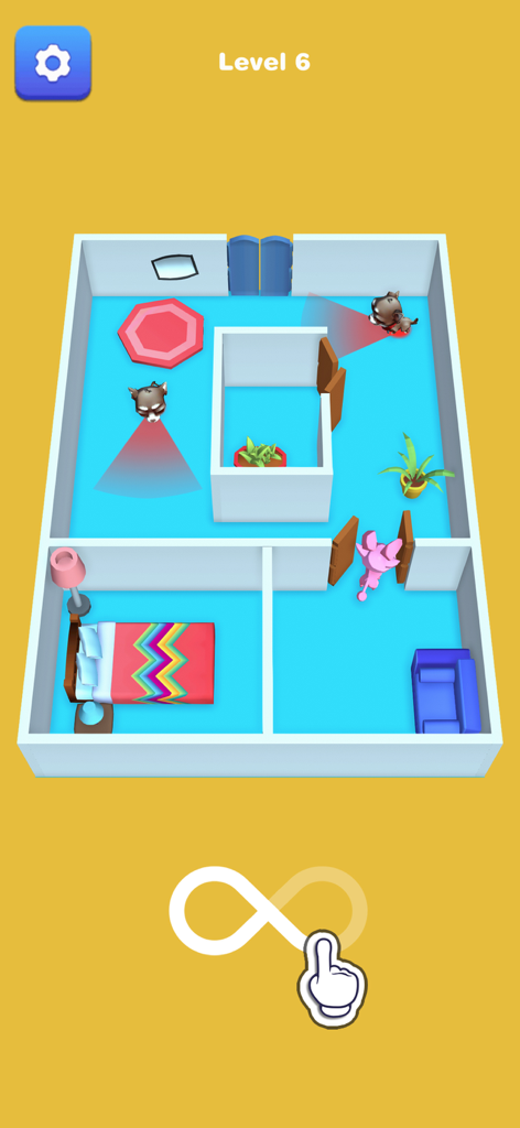 Cat Games - Animal Games - Gameplay of a pink cat sneaking past security guards in a house puzzle level