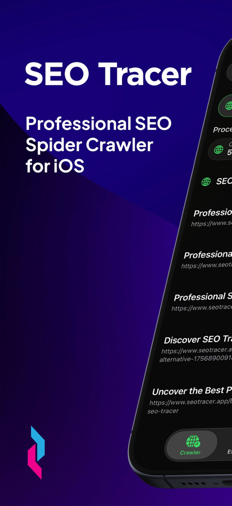 SEO Tracer: Site Audit - SEO Tracer professional SEO spider crawler for iOS interface showing crawled URLs on a smartphone